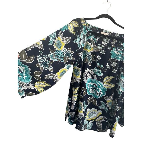 LOFT Blouse Top Large Navy Teal Yellow Floral Paisley Lightweight Casual #5412 - Picture 2 of 11